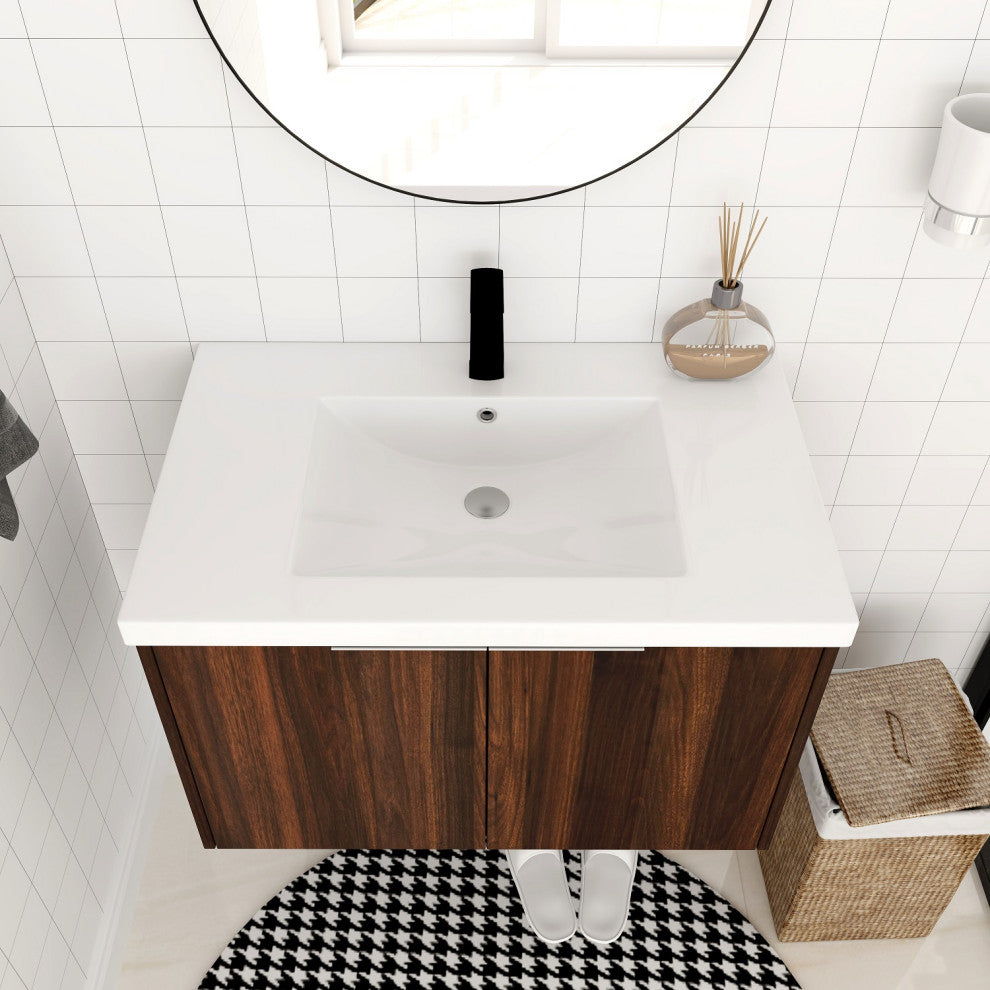 BNK 30" Bathroom Vanity with Resin Sink, Modern Design with Soft Close Doors, California  Walnut