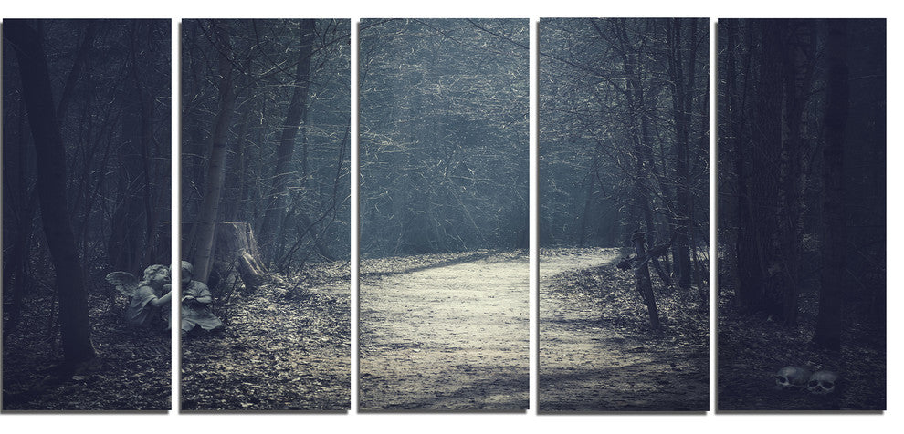 Dark Forest With Empty Road, Forest Canvas Art Print, 60"x28", 5 Panels