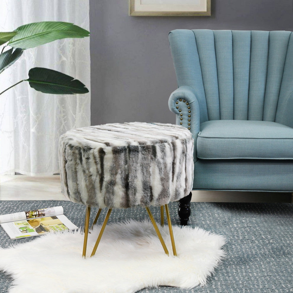 Multi Jacquard Faux Fur Round Ottoman, Grey, 18"x18"x8"