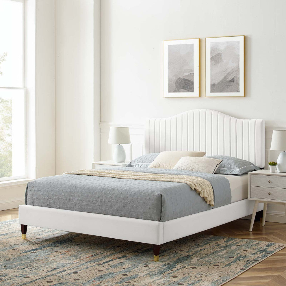 Tufted Platform Bed Frame, Full Size, Velvet, White, Modern Contemporary