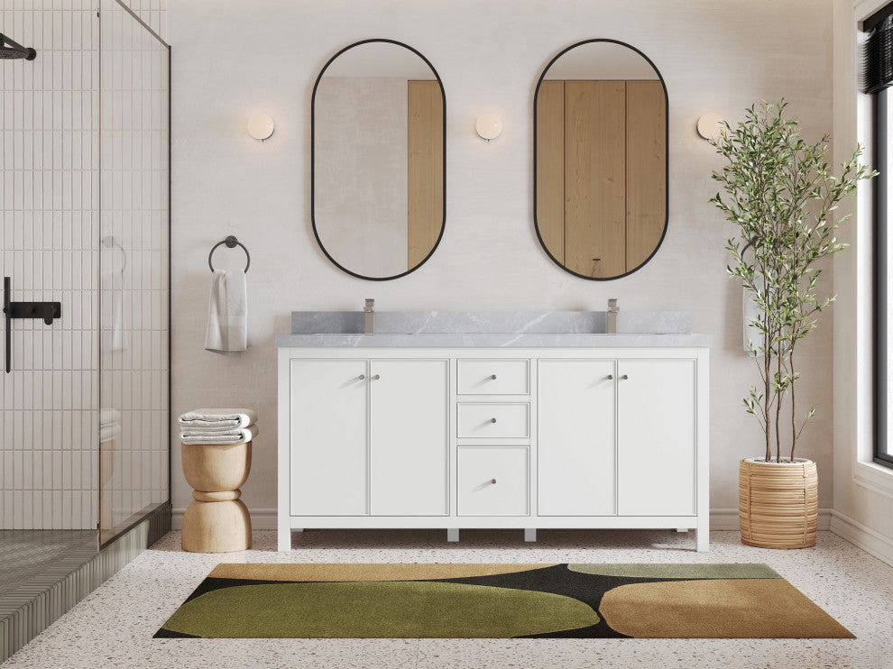 Chicago 72" Double Sink Bathroom Vanity, White 2" Pearl Gray Quartz