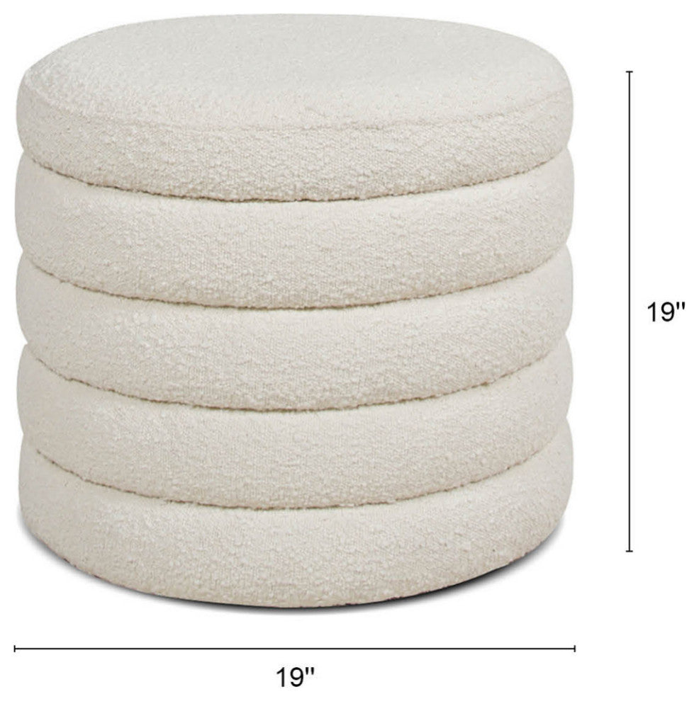Fuji 19" Oversized Horizontal Tufted Round Storage Ottoman, Ivory White Boucle