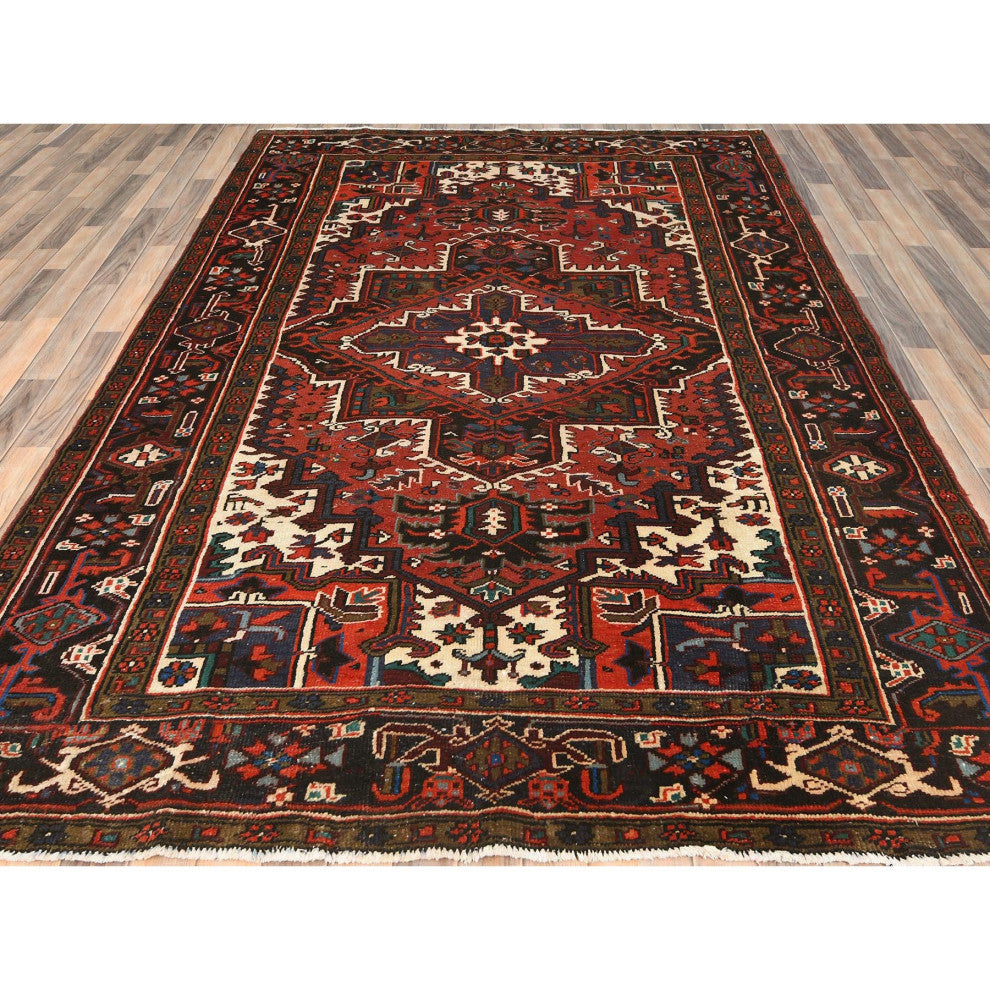 Tomato Red Vintage Zorostrian Heris Hand Knotted Worn Wool Rug, 6'8"x9'3"