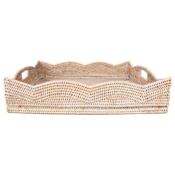 Artifacts Rattan™ Scallop Collection Square Tray With Cutout Handles, White Wash, 20"x20"x4.5"