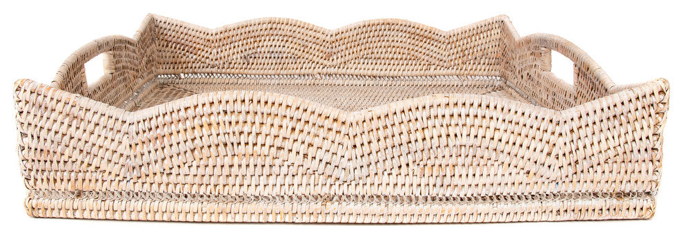 Artifacts Rattan™ Scallop Collection Square Tray With Cutout Handles, White Wash, 20"x20"x4.5"