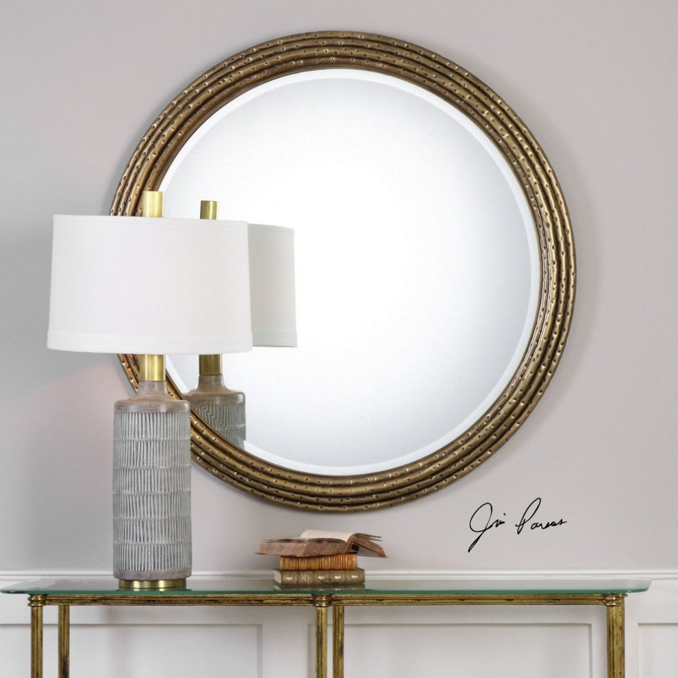 Rustic Round Mirror in Antiqued Gold Finish Stacked Iron Rings and Ham