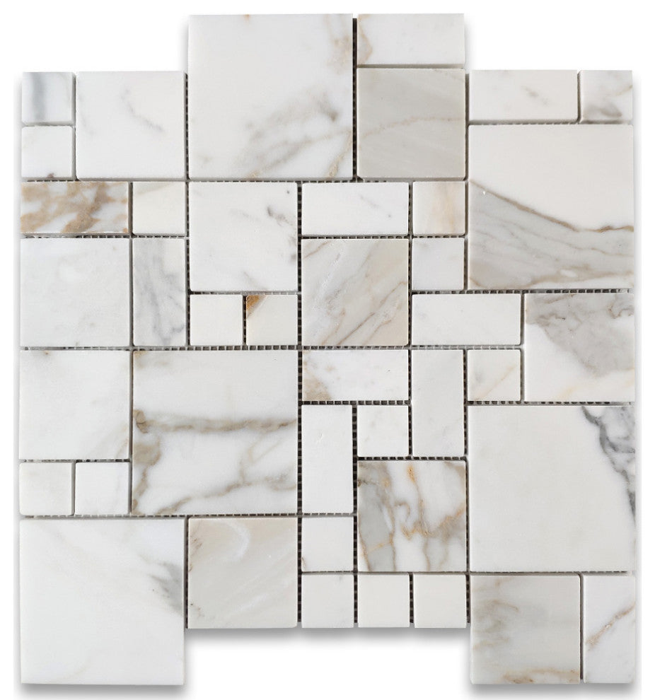 Calacatta Gold Marble Mini Versailles French Paragon Mosaic Tile Honed, 1 sheet