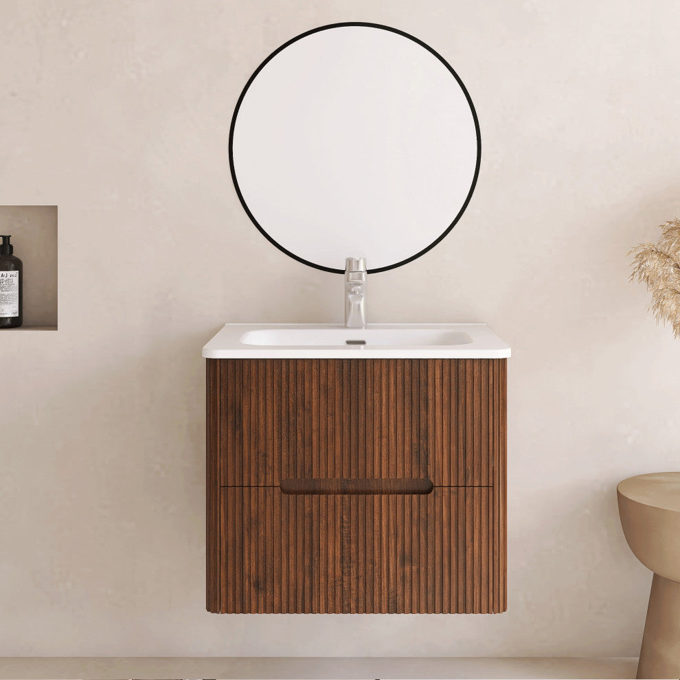 24 inch Wall-Mounted Bathroom Vanity Set with Ceramic Integrated Sink, Walnut