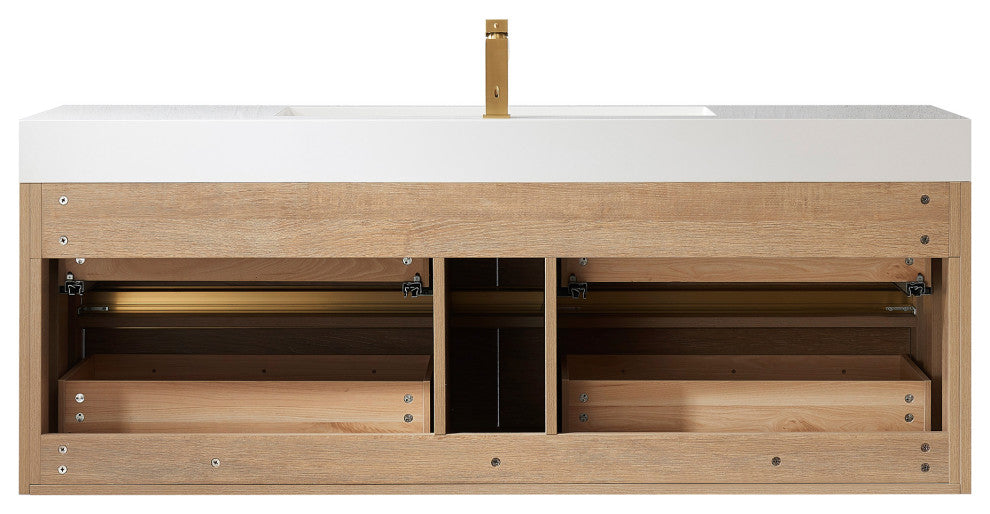 Palencia Floating Bath Vanity With Composite Stone Top, North American Oak, 60" Single Sink, With Mirror