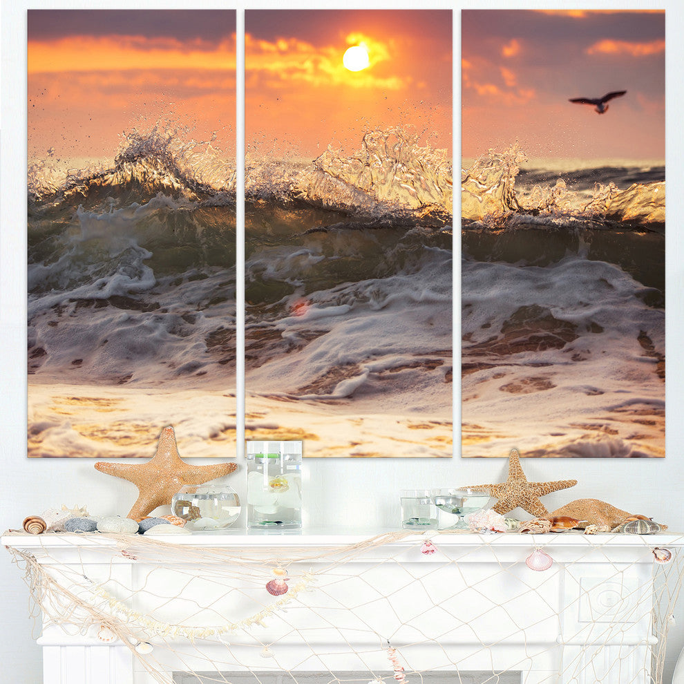 "Sunrise and Roaring Ocean Waves" Metal Wall Art, 3 Panels, 36"x28"