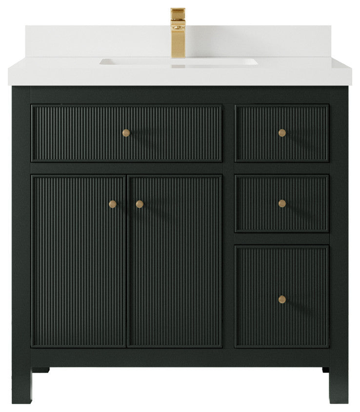 Sonoma 36 Center Sink Reeded Bath Vanity in Dark Forest Green 2" White Quartz