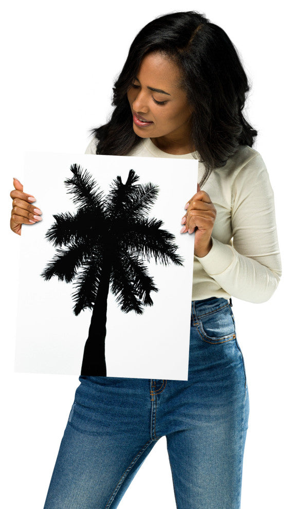 Palm Tree Silhouette on Pure White Tropical Botanical Unframed Wall Art Print, 11" X 14"