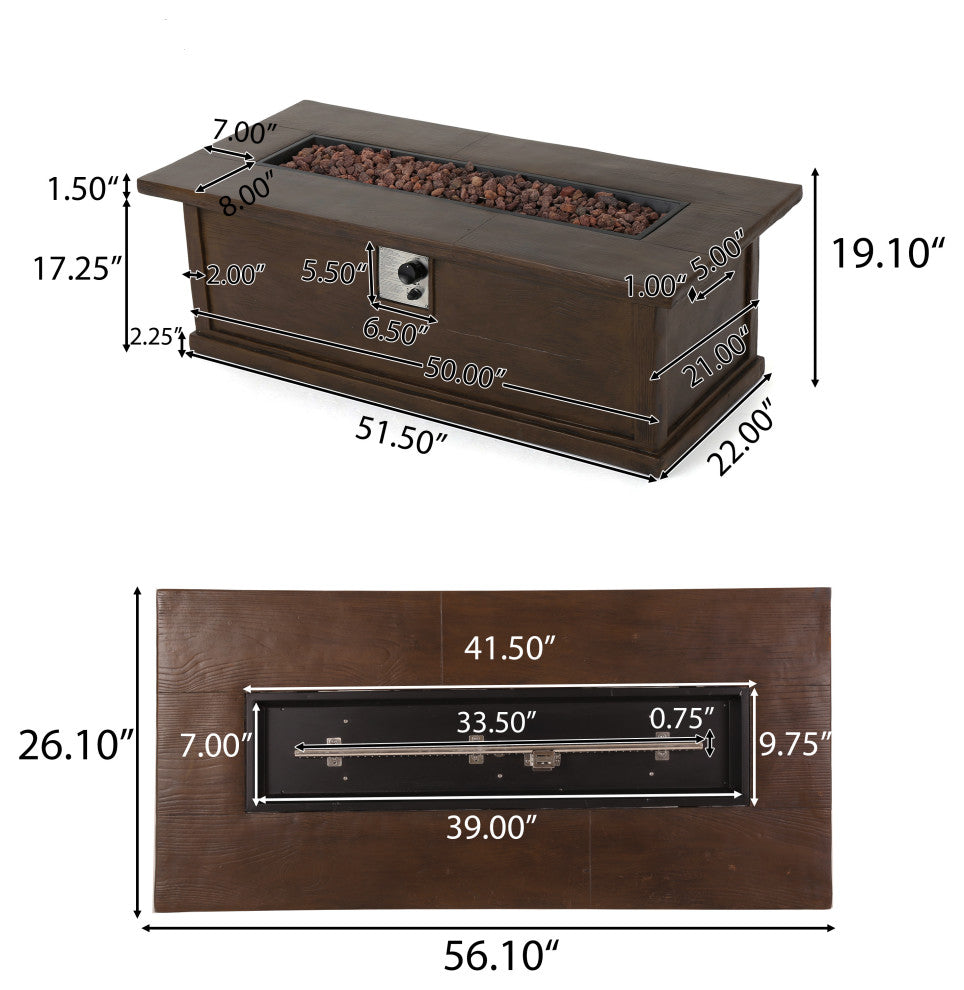 GDF Studio Pablo Outdoor 56" Rectangular Propane Fire Table, Brown Wood