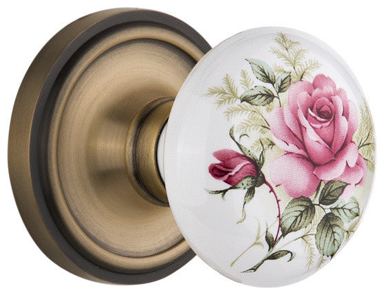 Classic Rosette Privacy White Rose Porcelain Knob, Antique Brass