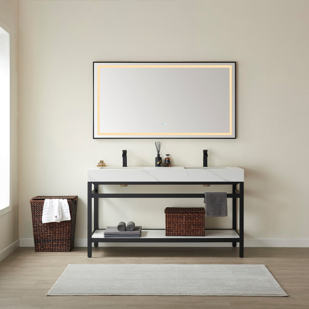 Funes Bath Vanity without Mirror, Matte Black Hardware, 60" Double Sink, White Stone Top