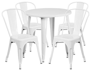 Commercial Grade 30" Round White Metal Indoor-Outdoor Table Set, 4 Cafe Chairs