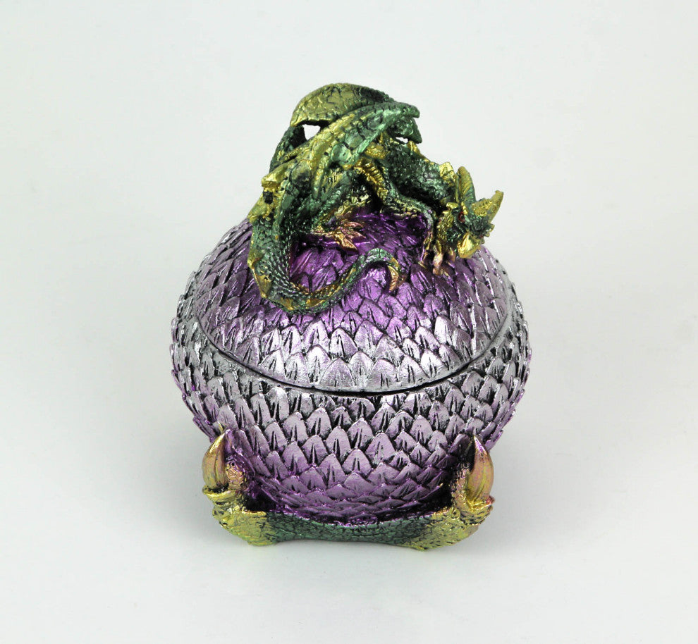 Hand Painted Green and Purple Sleeping Dragon On Egg Lidded Trinket Box