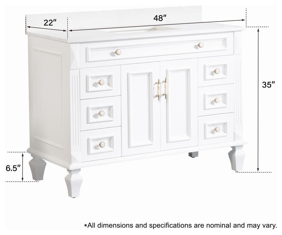 Solid Wood Bathroom Vanity with Quartz Top and cUPC Certified Sink, White, 48 Inch