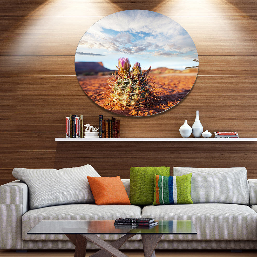 Cactus Under Cloudy Sky, Floral Large Disc Metal Wall Art, 23"
