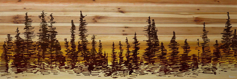 "Pine Tree Sunset" Painting Print on Natural Pine Wood, 60"x20"