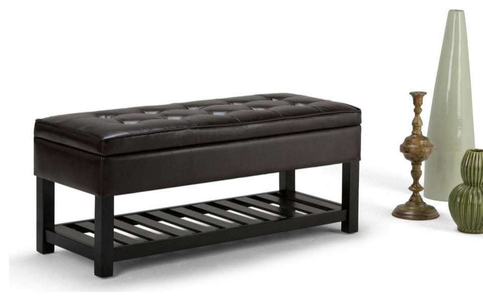 Cosmopolitan Storage Ottoman Bench With Open Bottom, Tanners Brown Faux Leather