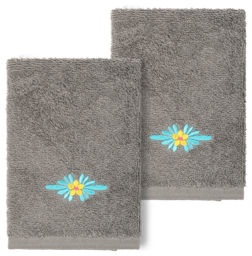 Linum Home Turkish Cotton Feliz 2-Piece Embellished Washcloth Set, Dark Gray