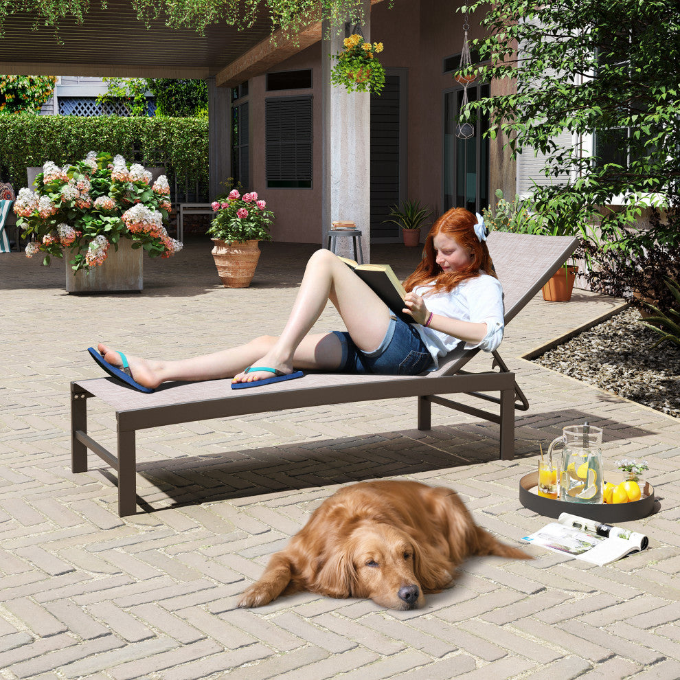 Outdoor Patio Aluminum Five-Position Adjustable Chaise Lounge Chair, Beige