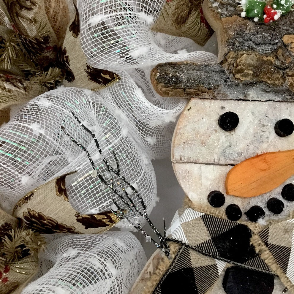 Rustic Woodland Snowman Winter Or Holiday Wreath Handmade Deco Mesh #snowman wre