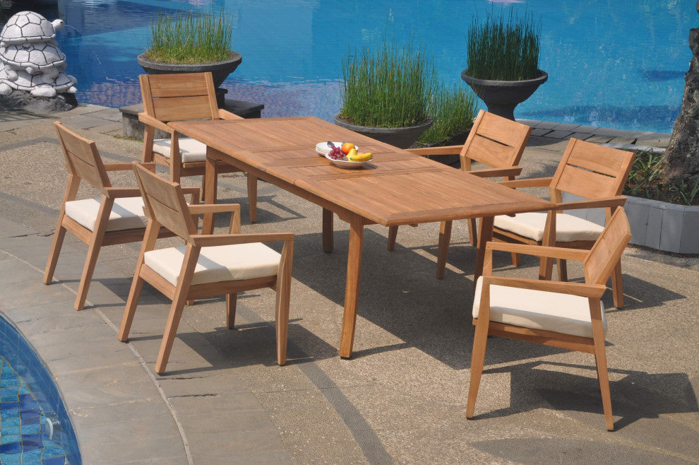 7-Piece Outdoor Teak Dining Set: 94" Rectangle Table, 6 Celo Stacking Arm Chairs