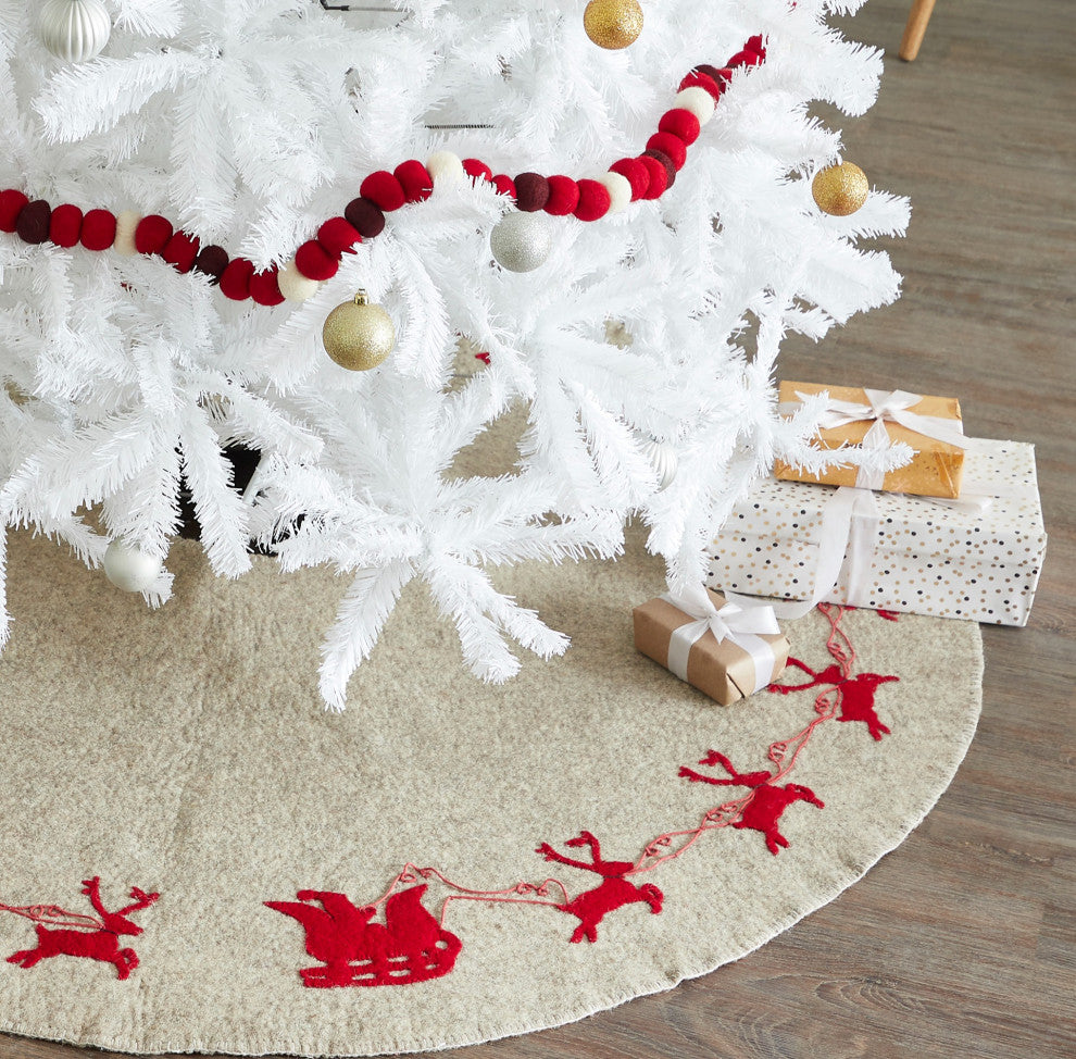 Reindeer Christmas Tree Skirt, Gray With Red Reindeer and Cream Whip Stitch, 72"