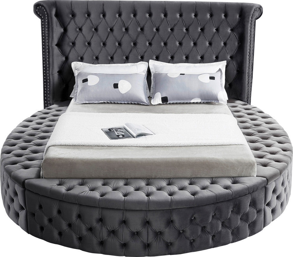 Luxus Button Tufted Velvet Round Bed, Gray, Full