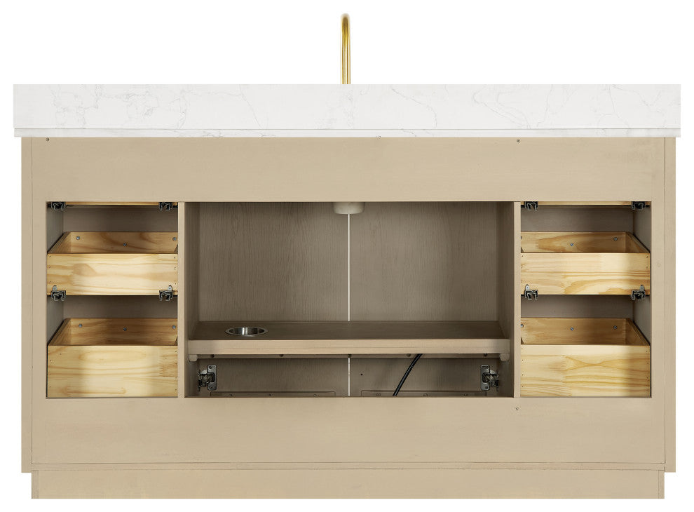 Oza Bath Vanity with Quartz Stone Top, Aged Natural Oak, 60", Double Vanity, No Mirror