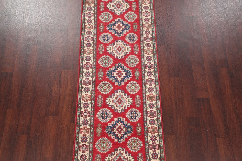 Pakistani Kazak Traditional Oriental Hand-Knotted Runner Rug, Red, 7'11"X2'9"