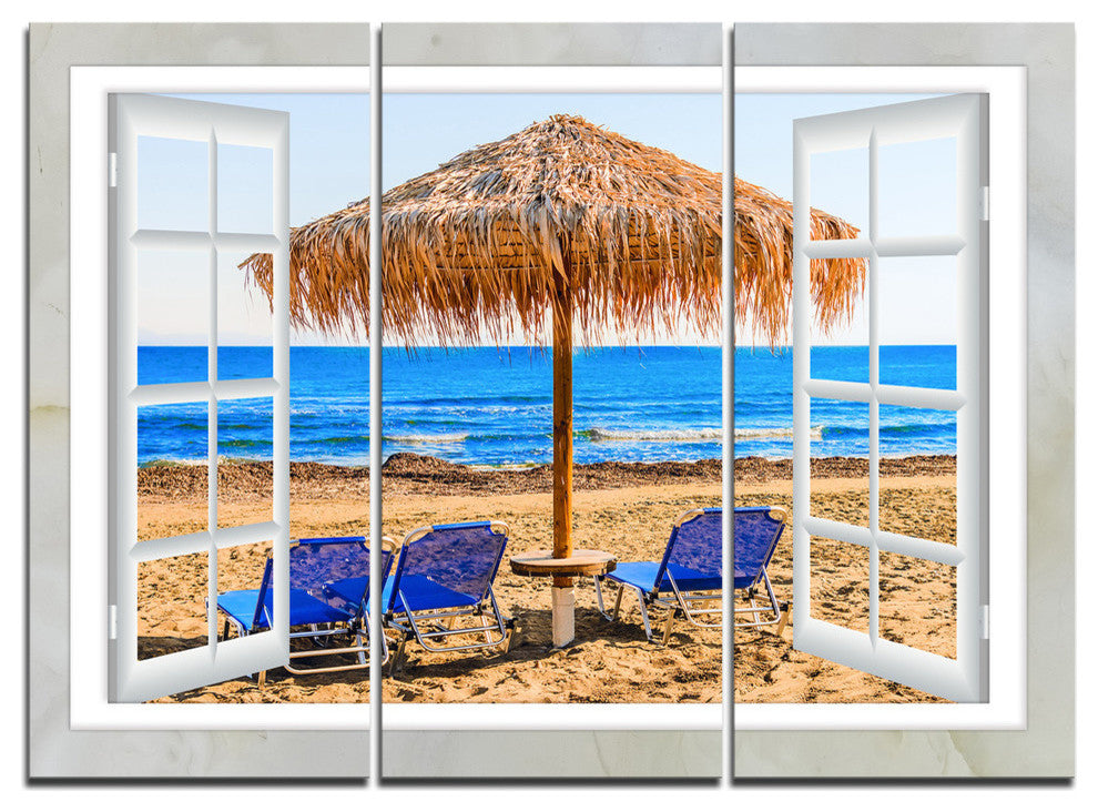 "Window Open to Beach Hut With Chairs" Metal Wall Art, 3 Panels, 36"x28"