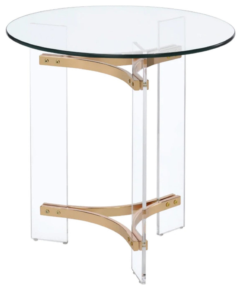Benzara BM275492 23" Round End Table, Glass Top, Acrylic Legs, Clear, Gold