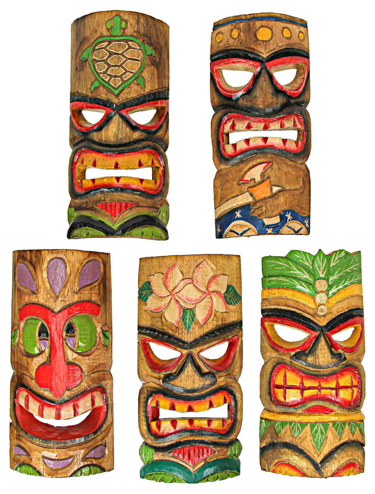 10 Piece Polynesian Party Hand Carved Island Style Wooden Tiki Masks 10 Inch