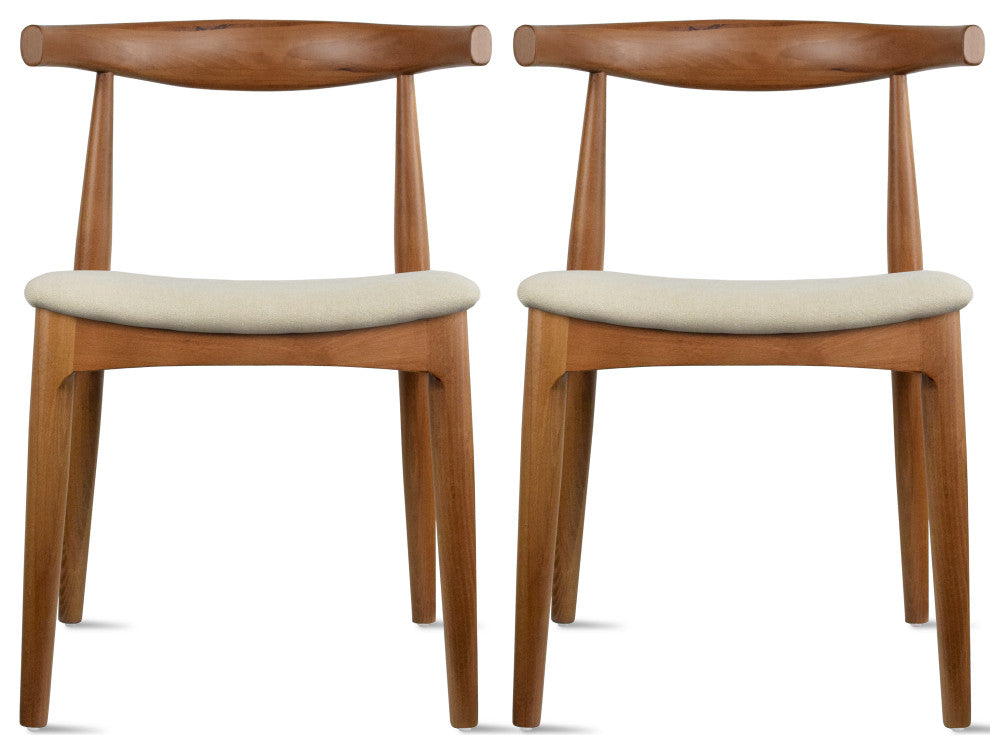 Set of 2 Modern Wooden Elbow Dining Chairs With PU Leather or Beige Fabric Seat, Espresso Beige Seat (Unassembled)
