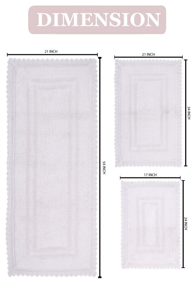 Opulent Reversible 100% Cotton Bath Rug Set, 3 Pcs Set with Runner, White