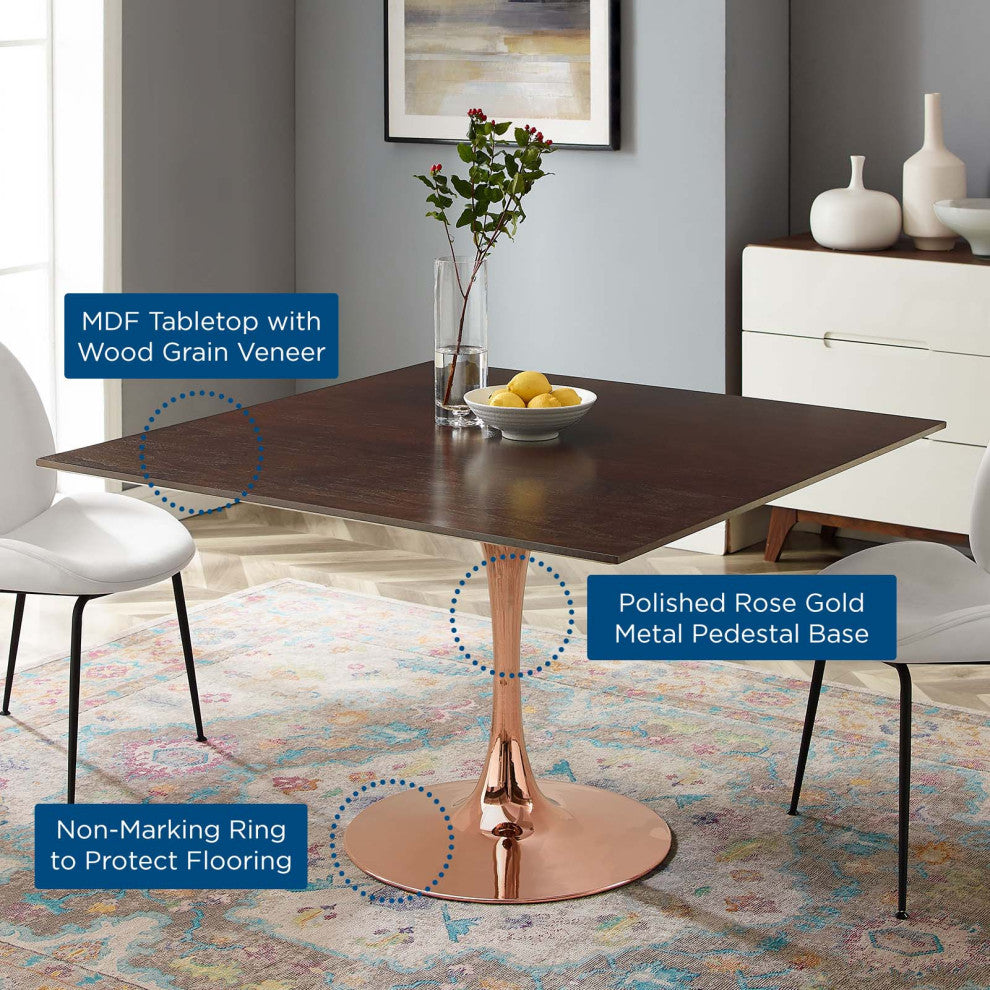Dining Table, Square, Wood, Rose Gold Dark Brown Brown Walnut, Modern, Bistro