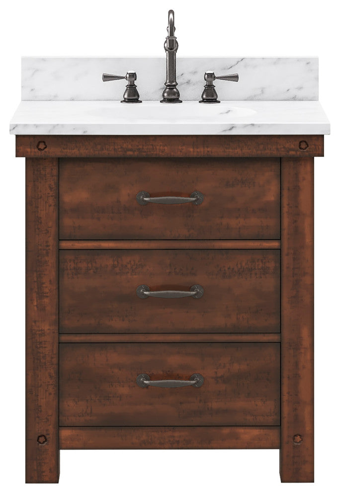 Aberdeen Vanity With Hook Faucet, Rustic Sierra, 30", Carrara Marble Top