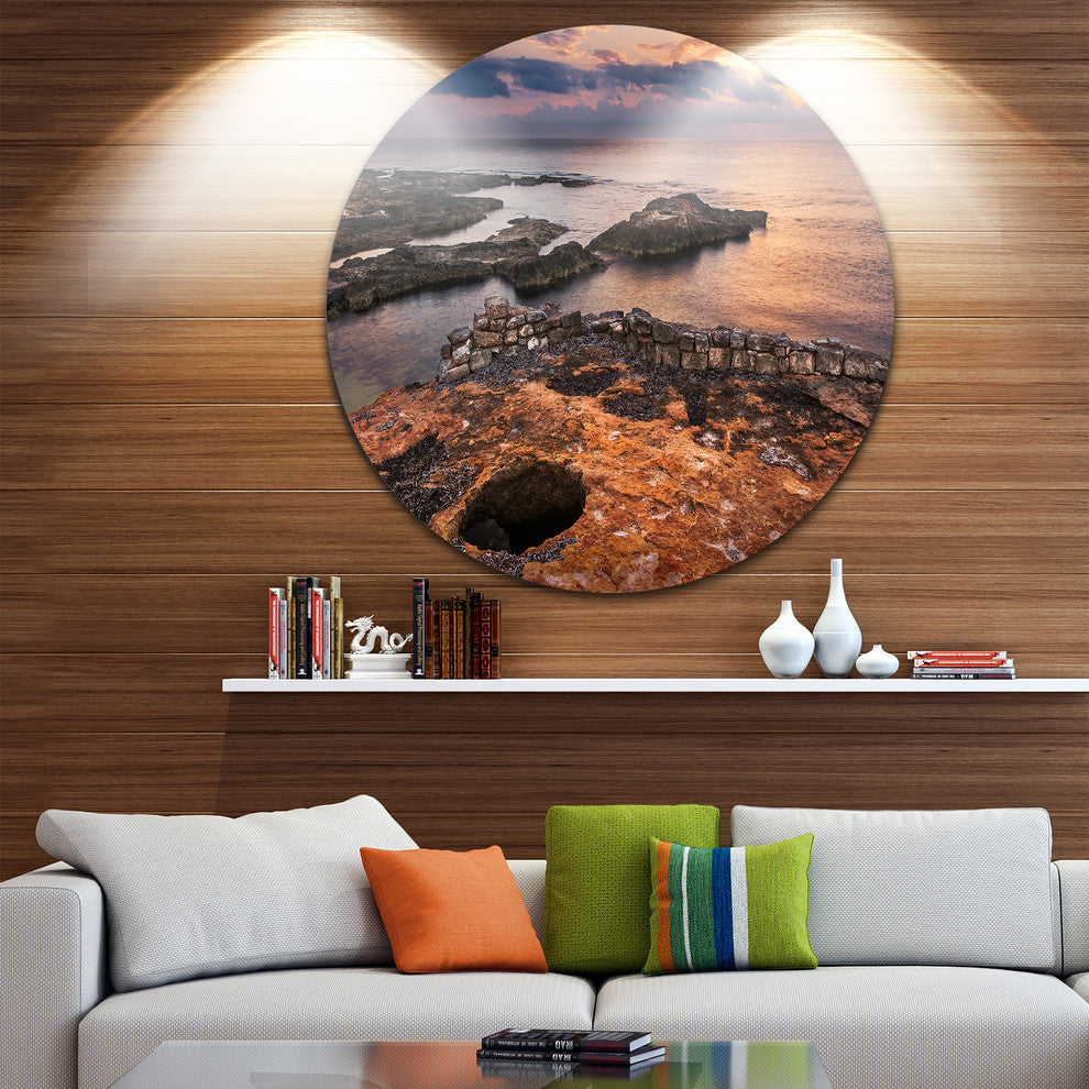 Ancient Ruins On Beach Sunset, Beach Disc Metal Wall Art, 23"