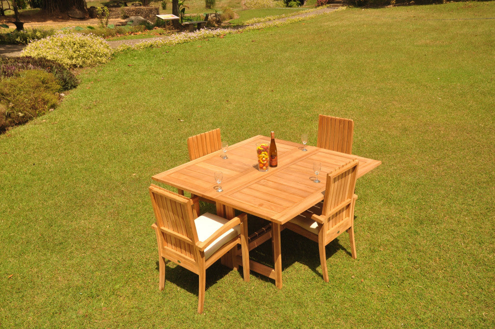 5-Piece Outdoor Teak Set: 60" Square Butterfly Table, 4 Goa Stacking Arm Chairs