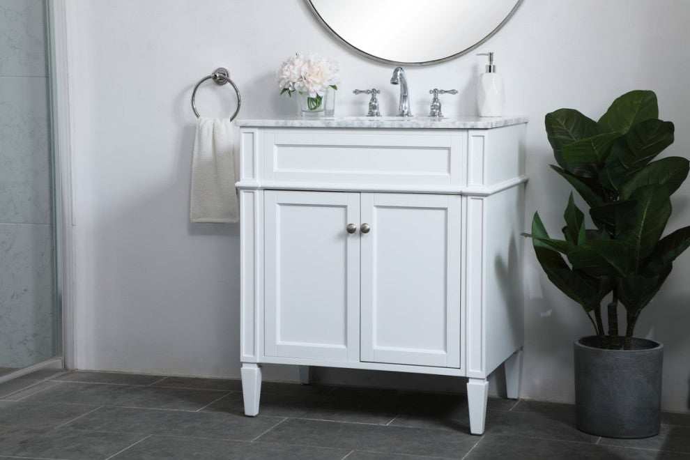 Home Living Vanity with Carrara White Marble Countertop, White, 30", Single Sink