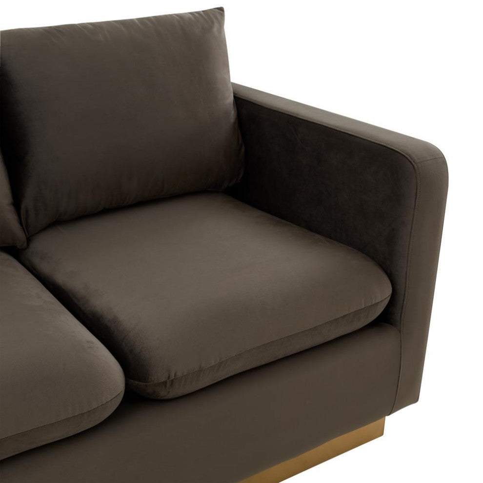 LeisureMod NS55DGR Nervo Dark Grey Mid-Century Velvet Loveseat Gold Frame