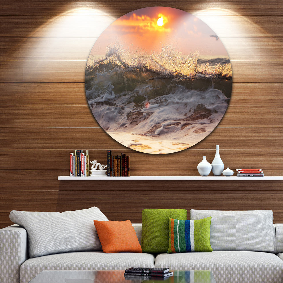 Sunrise And Roaring Ocean Waves, Seashore Large Disc Metal Artwork, 11"