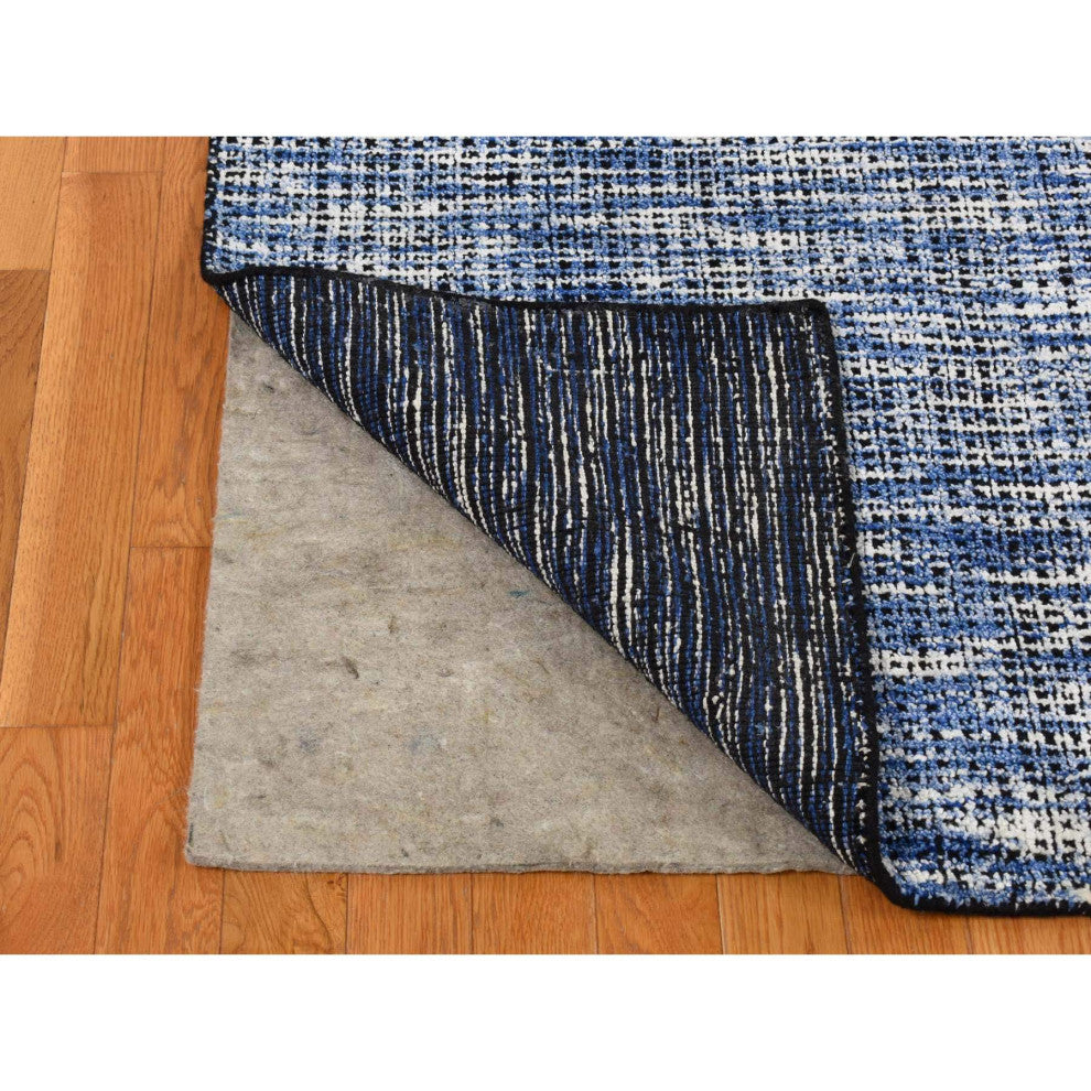 Steel Blue Modern Fence Design Wool and Art Silk Hand Loomed Rug 9'2"x12'