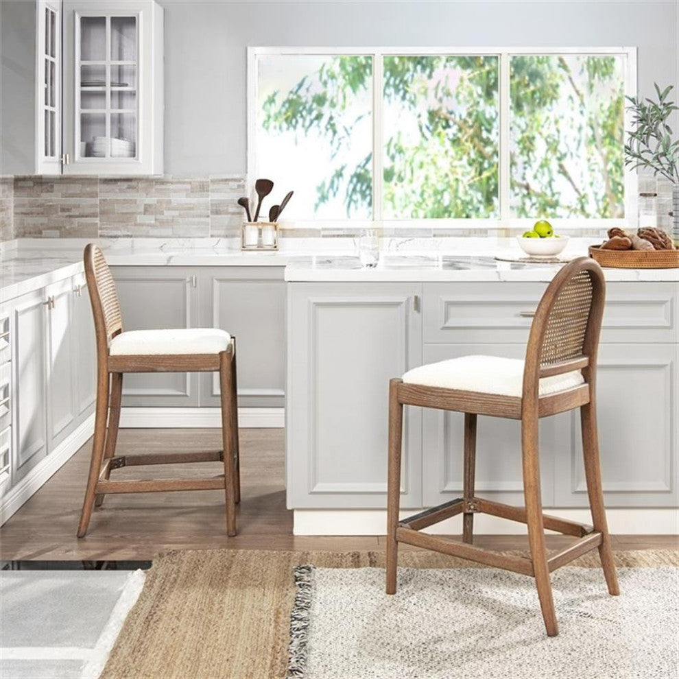 Panama 26.5" Curved Back Cane Rattan Counter Stool Set of 2 Ivory White Boucle