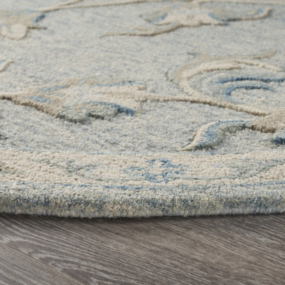 7' Blue And Ivory Round Wool Hand Tufted Area Rug