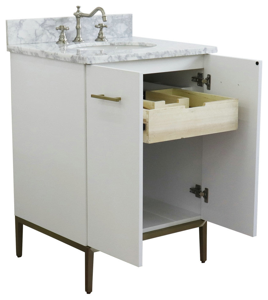 25" Single Sink Vanity, White Finish With White Carrara Marble And Oval Sink