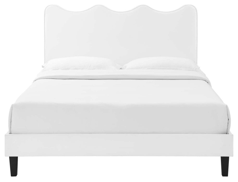 Platform Bed Frame, King Size, White, Velvet, Modern, Bedroom Guest Suite
